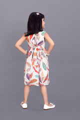 Kids Girls Knee Length Beige Leaf Design Festive/Wedding Georgette Fit & Flare Dress