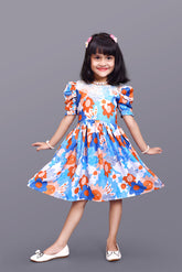 Kids Girls Knee Length Puff Sleeve Flower Design Festive/Wedding Fit & Flare Dress