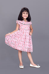 Kids Girls Knee Length Pink Leaf Design Festive/Wedding Georgette Fit & Flare Dress
