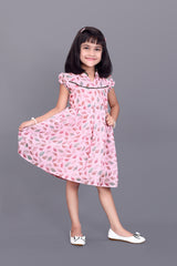 Kids Girls Knee Length Pink Leaf Design Festive/Wedding Georgette Fit & Flare Dress