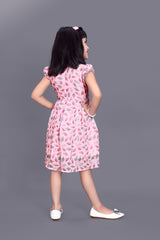 Kids Girls Knee Length Pink Leaf Design Festive/Wedding Georgette Fit & Flare Dress