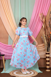 Girls Georgette Maxi/Full Length Festive/Wedding Dress With Embellished Belt