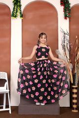 Girls Black Flower Design Festive/Wedding Georgette Lehenga Choli