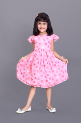Kids Girls Knee Length Pink Heart Design Festive/Wedding Georgette Fit & Flare Dress