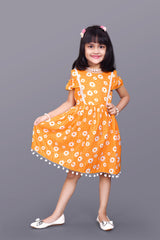 Kids Girls Knee Length Yellow Flower Design Festive/Wedding Fit & Flare Dress