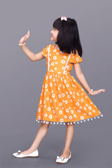 Kids Girls Knee Length Yellow Flower Design Festive/Wedding Fit & Flare Dress