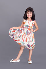 Kids Girls Knee Length Beige Leaf Design Festive/Wedding Georgette Fit & Flare  Dress