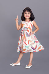 Kids Girls Knee Length Beige Leaf Design Festive/Wedding Georgette Fit & Flare  Dress