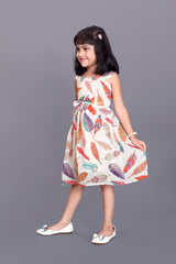 Kids Girls Knee Length Beige Leaf Design Festive/Wedding Georgette Fit & Flare  Dress