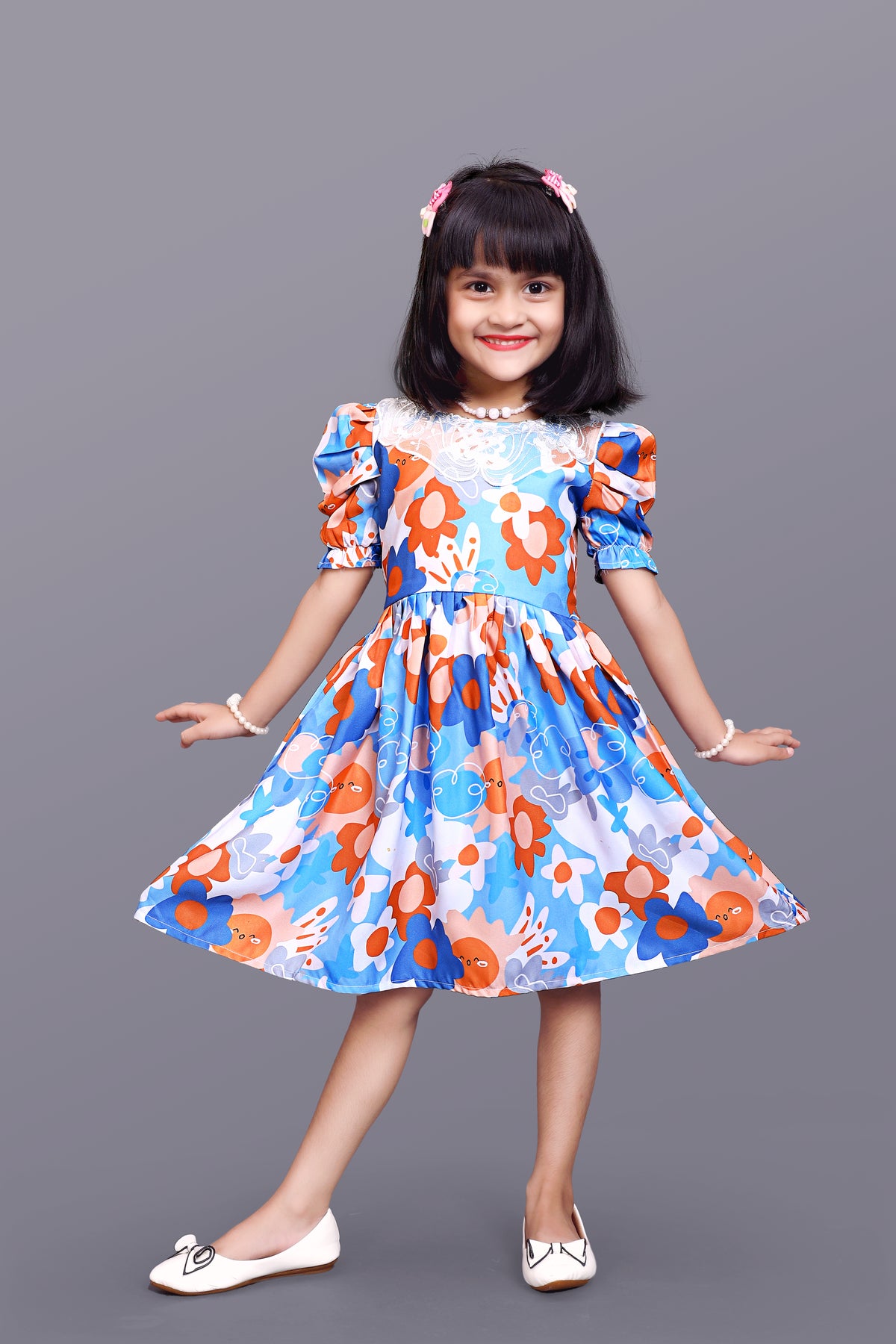 Kids Girls Knee Length Puff Sleeve Flower Design Festive/Wedding Fit & Flare Dress