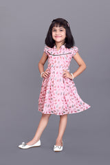 Kids Girls Knee Length Pink Leaf Design Festive/Wedding Georgette Fit & Flare  Dress