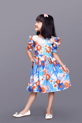 Kids Girls Knee Length Puff Sleeve Flower Design Festive/Wedding Fit & Flare Dress