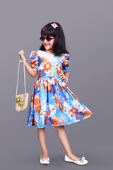 Kids Girls Knee Length Puff Sleeve Flower Design Festive/Wedding Fit & Flare Dress