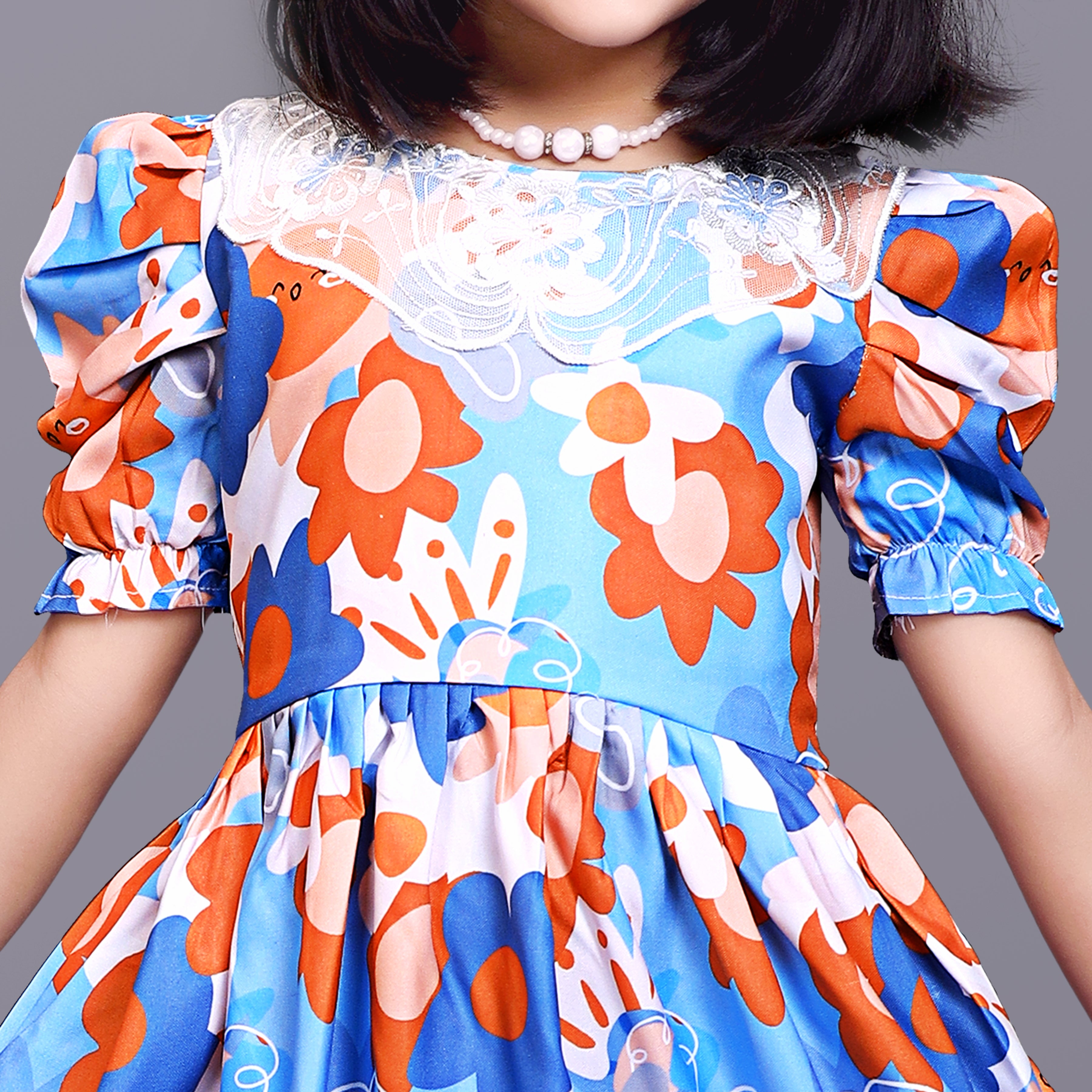 Kids Girls Knee Length Puff Sleeve Flower Design Festive/Wedding Fit & Flare Dress