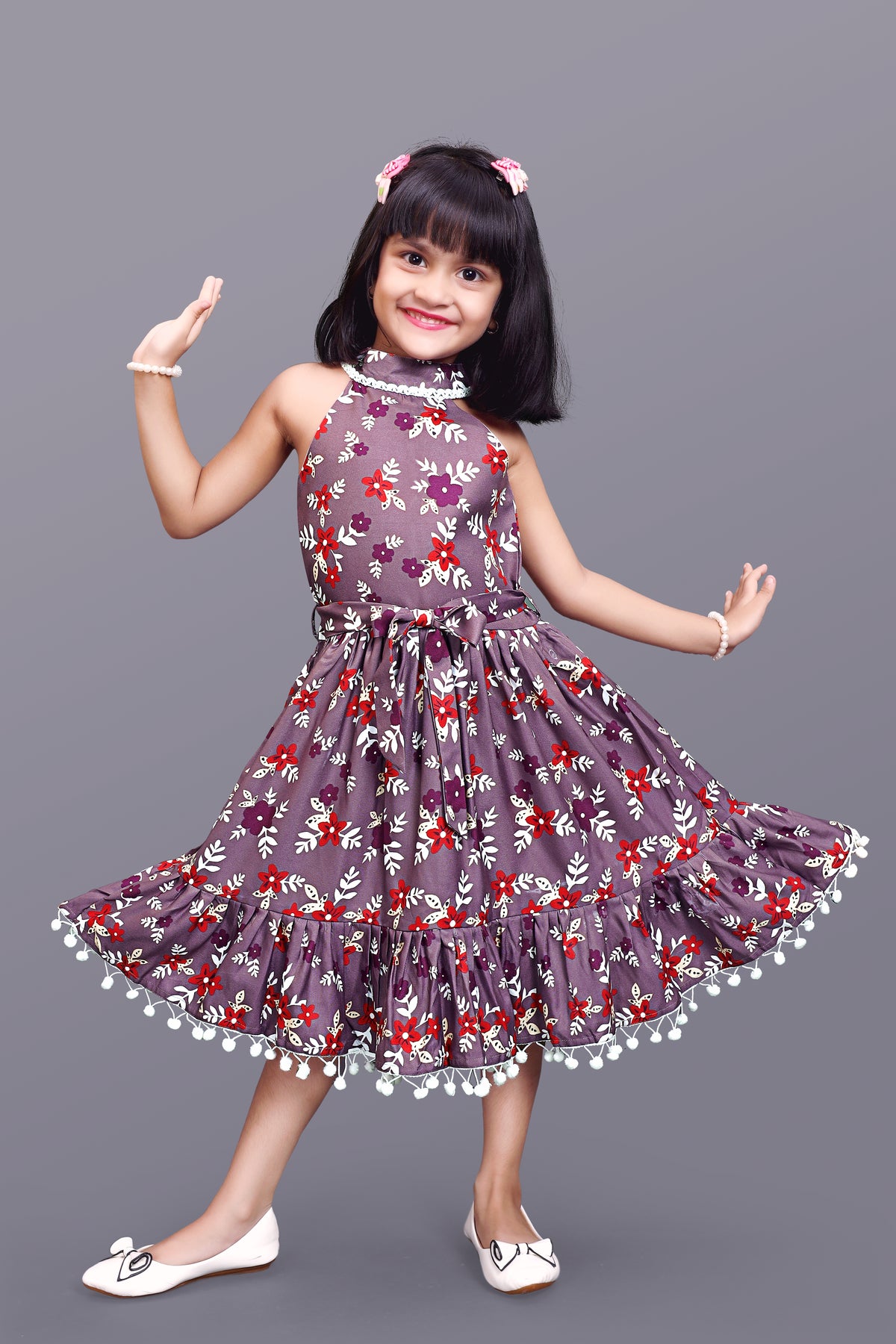 Kids Girls Below Knee Length Flower Design Festive/Wedding  Fit & Flare  Dress