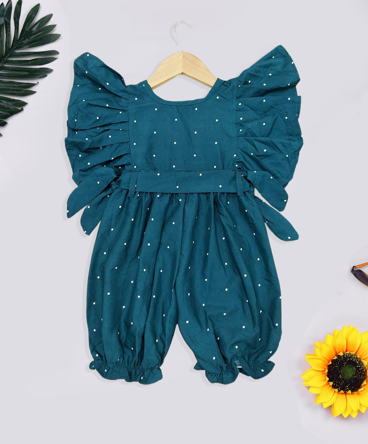 Girls Teal Color All Over Polka Dot Printed Jumpsuit