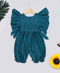 Girls Teal Color All Over Polka Dot Printed Jumpsuit