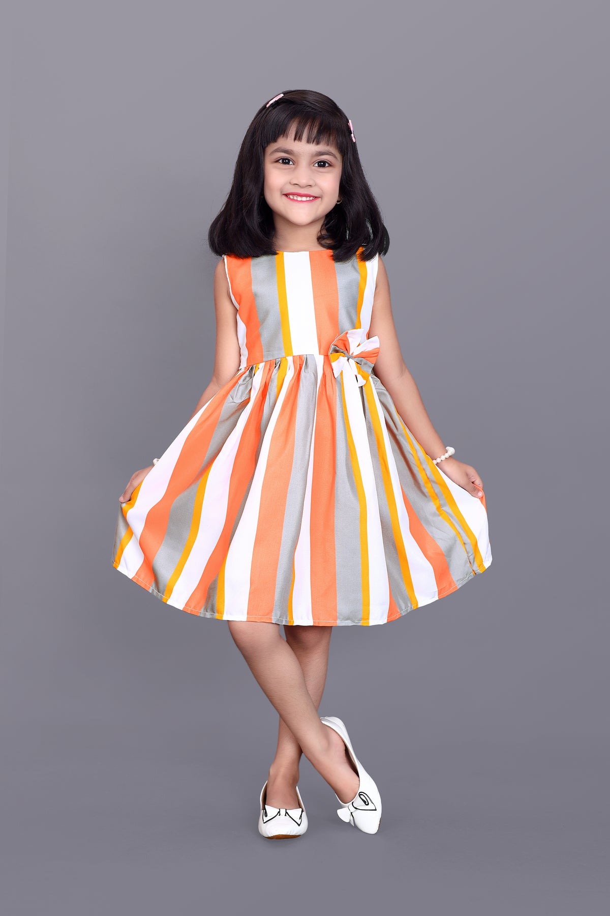 Kids Girls Knee Length Striped Multicolour Design Festive/Wedding Fit & Flare Dress