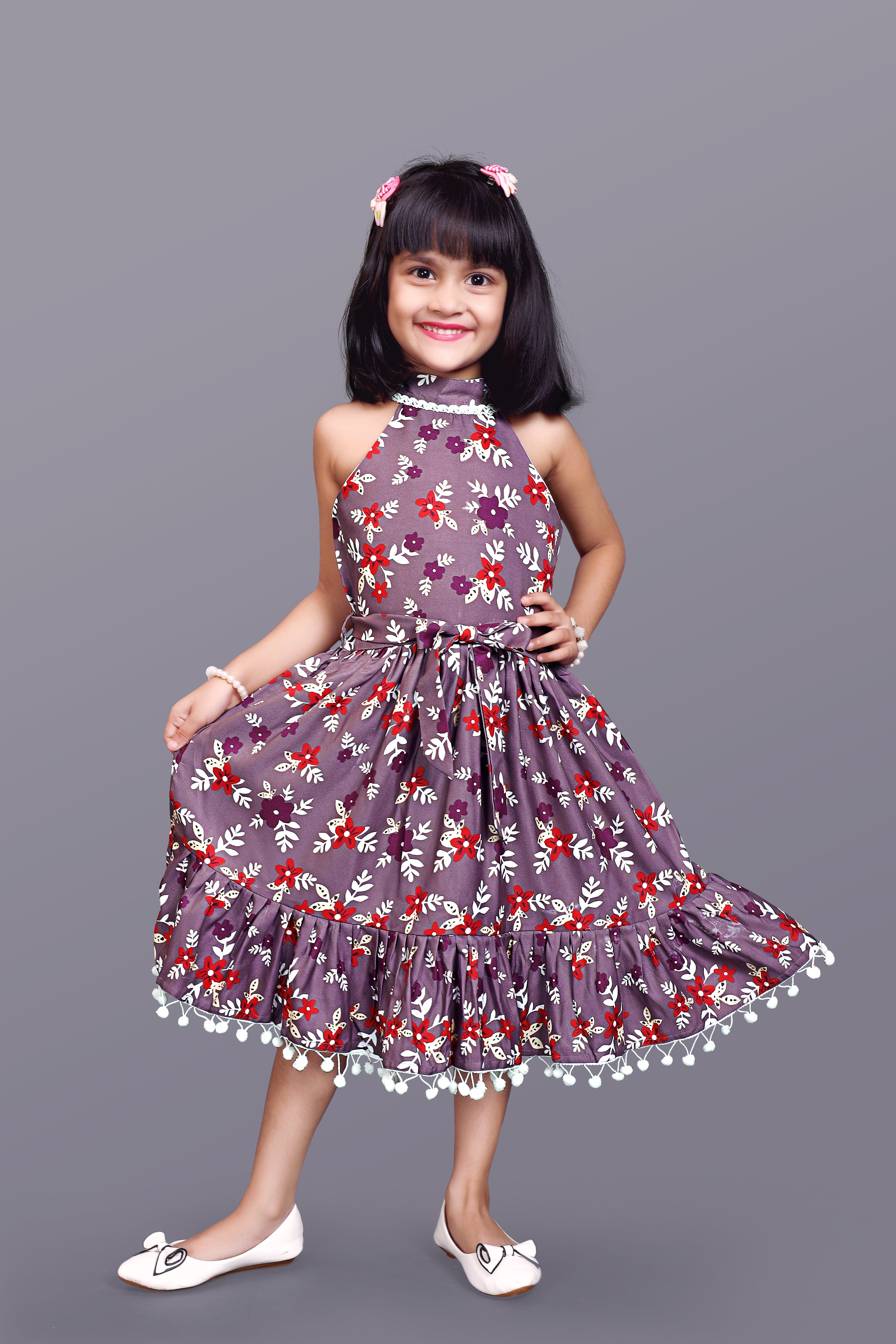 Kids Girls Below Knee Length Flower Design Festive/Wedding  Fit & Flare  Dress