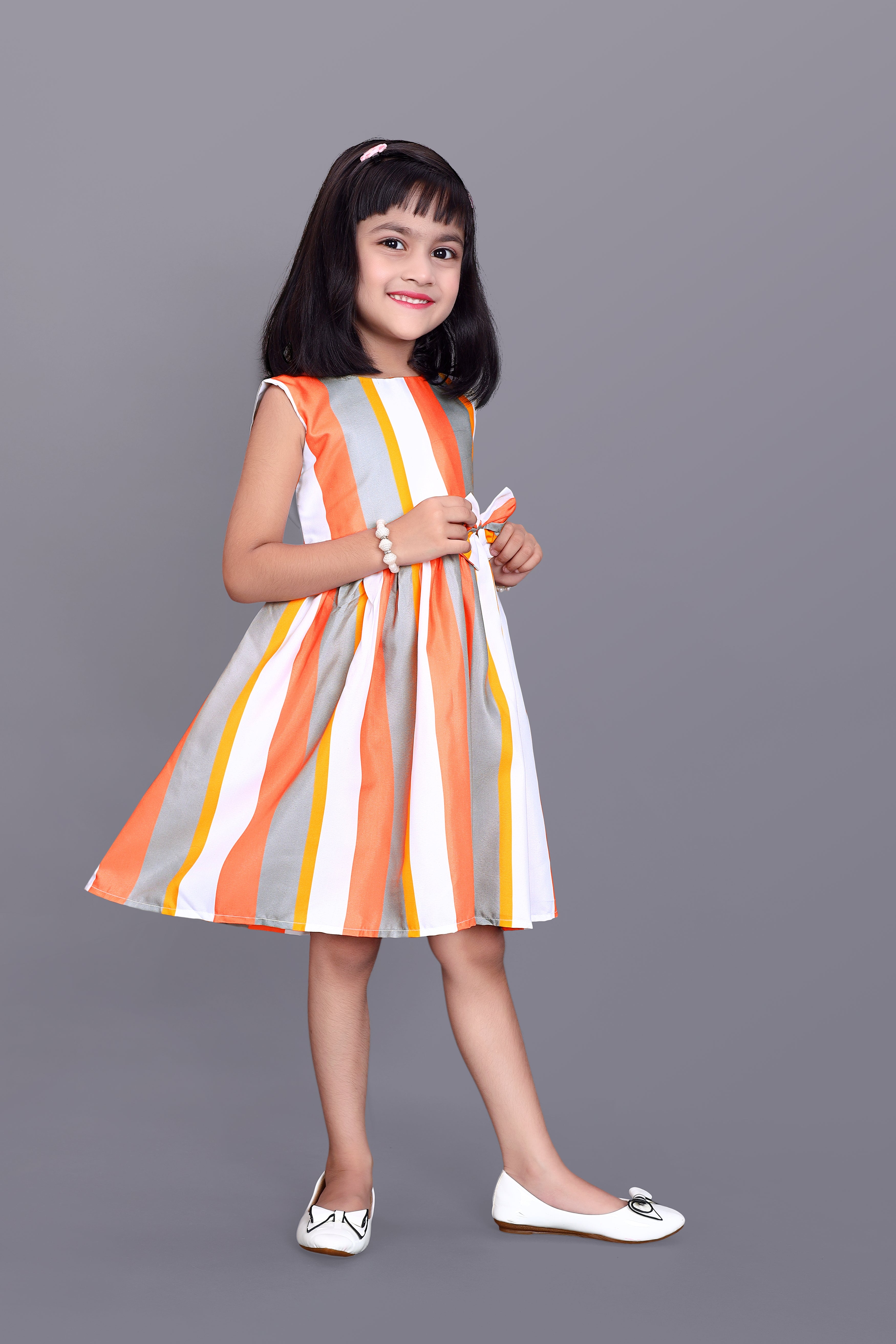 Kids Girls Knee Length Striped Multicolour Design Festive/Wedding Fit & Flare Dress