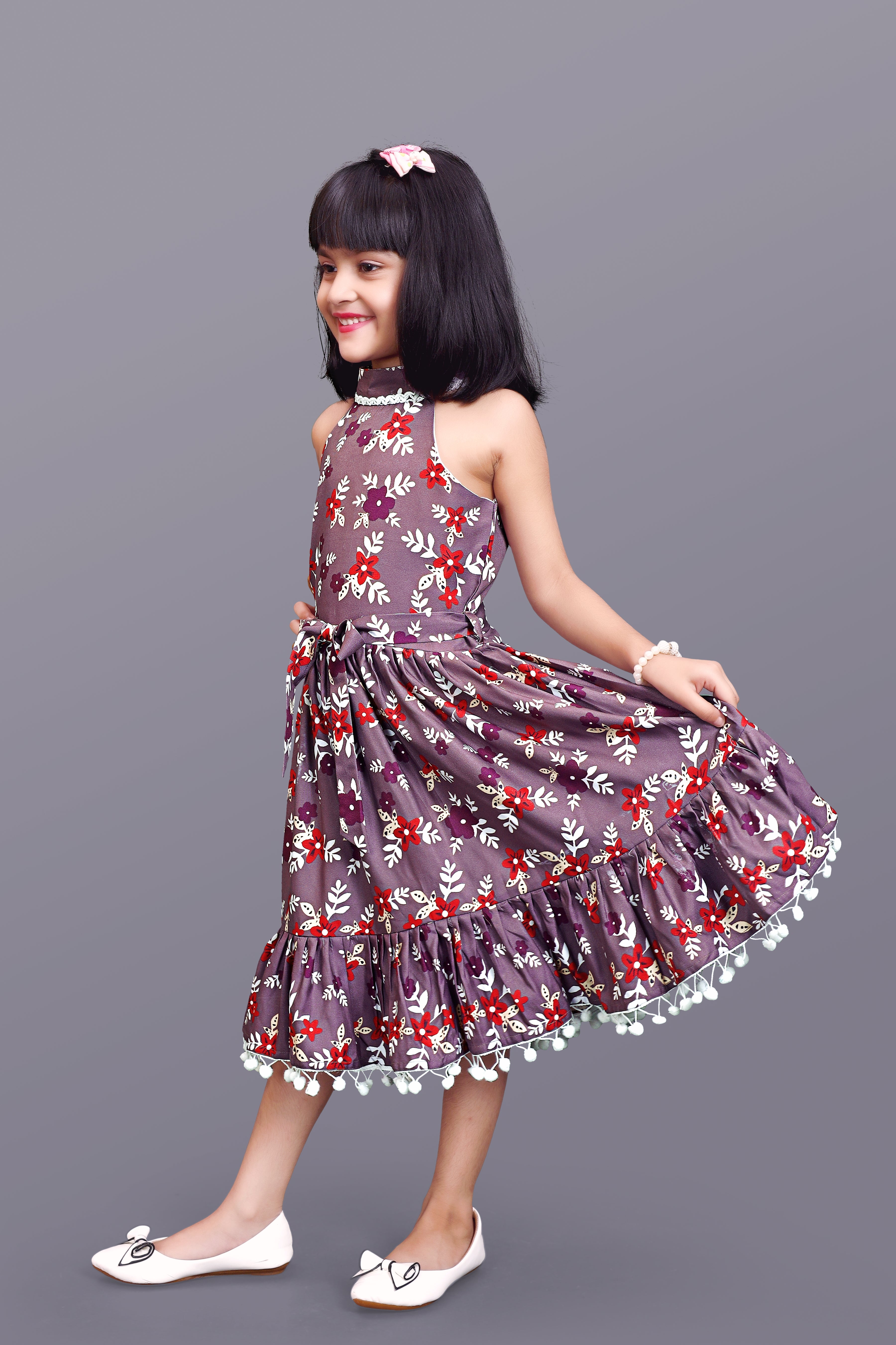 Kids Girls Below Knee Length Flower Design Festive/Wedding  Fit & Flare  Dress