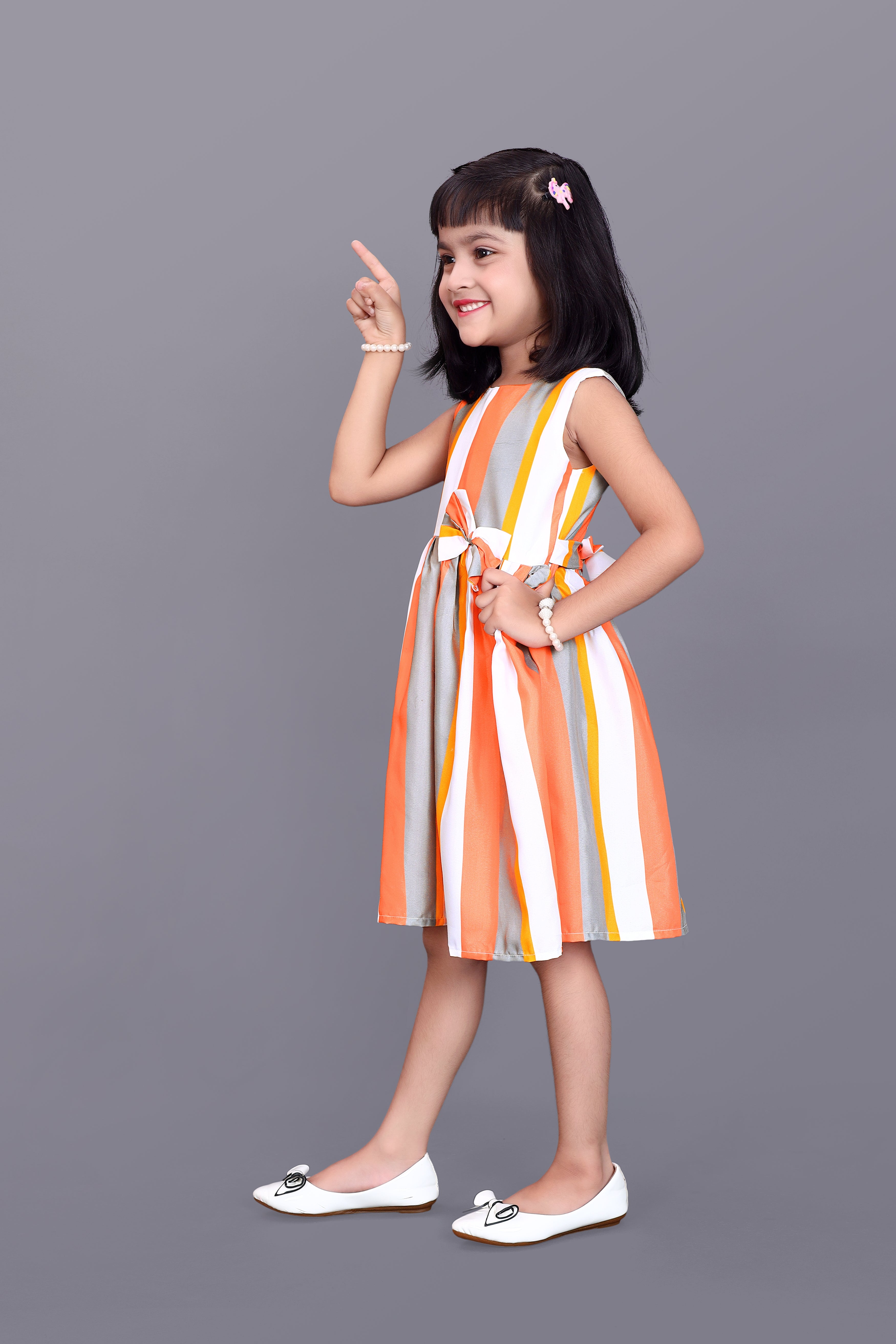 Kids Girls Knee Length Striped Multicolour Design Festive/Wedding Fit & Flare Dress