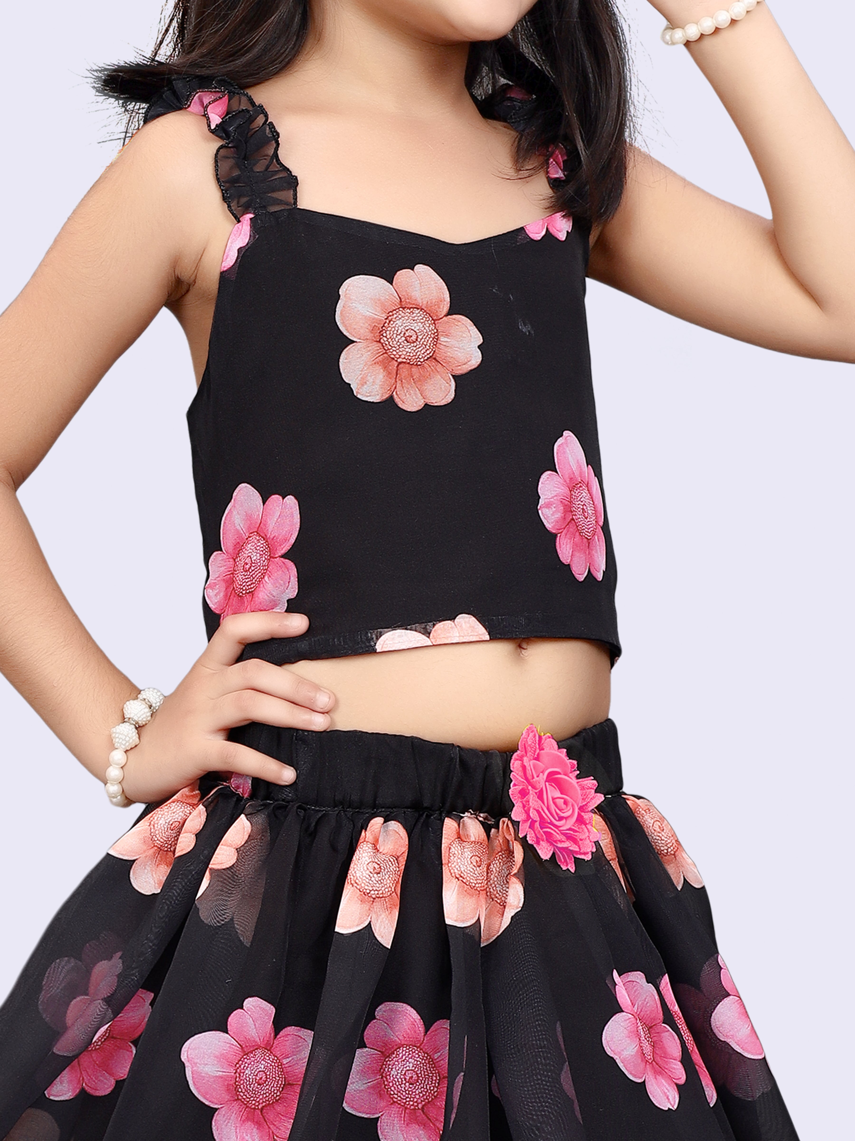 Girls Black Flower Design Festive/Wedding Georgette Lehenga Choli