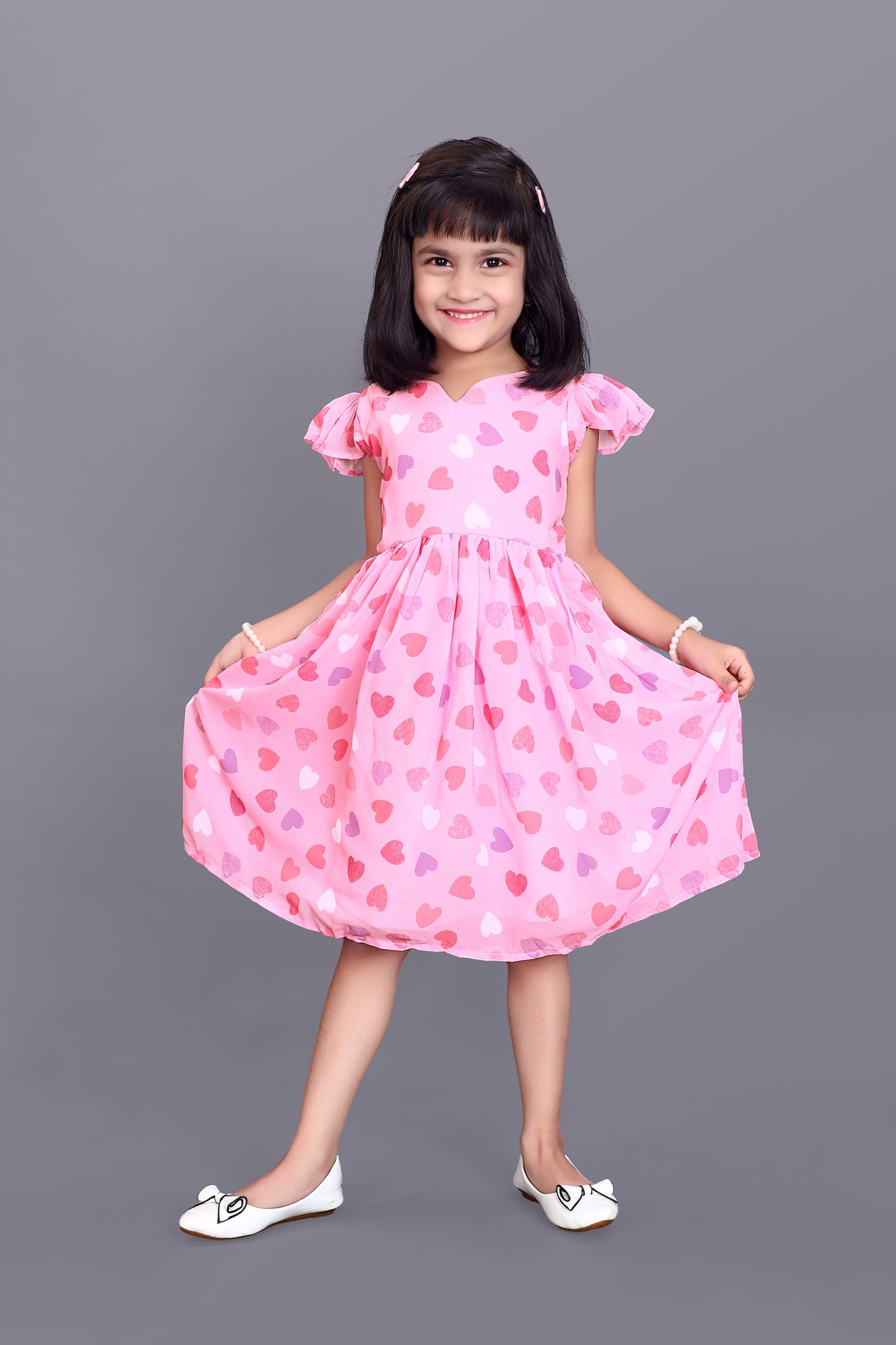 Kids Girls Knee Length Pink Heart Design Festive/Wedding Georgette Fit & Flare  Dress