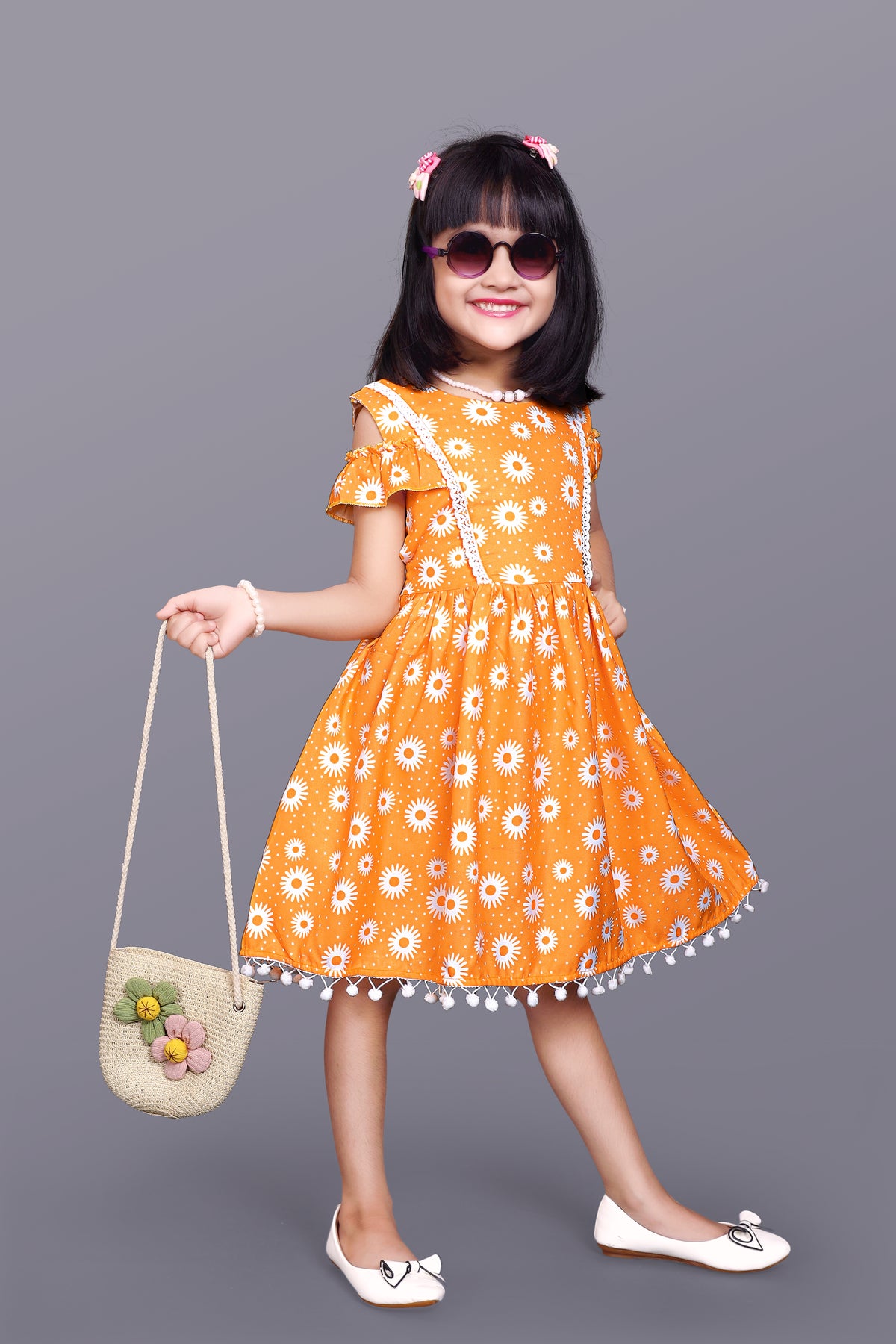 Kids Girls Knee Length Yellow Flower Design Festive/Wedding Fit & Flare  Dress