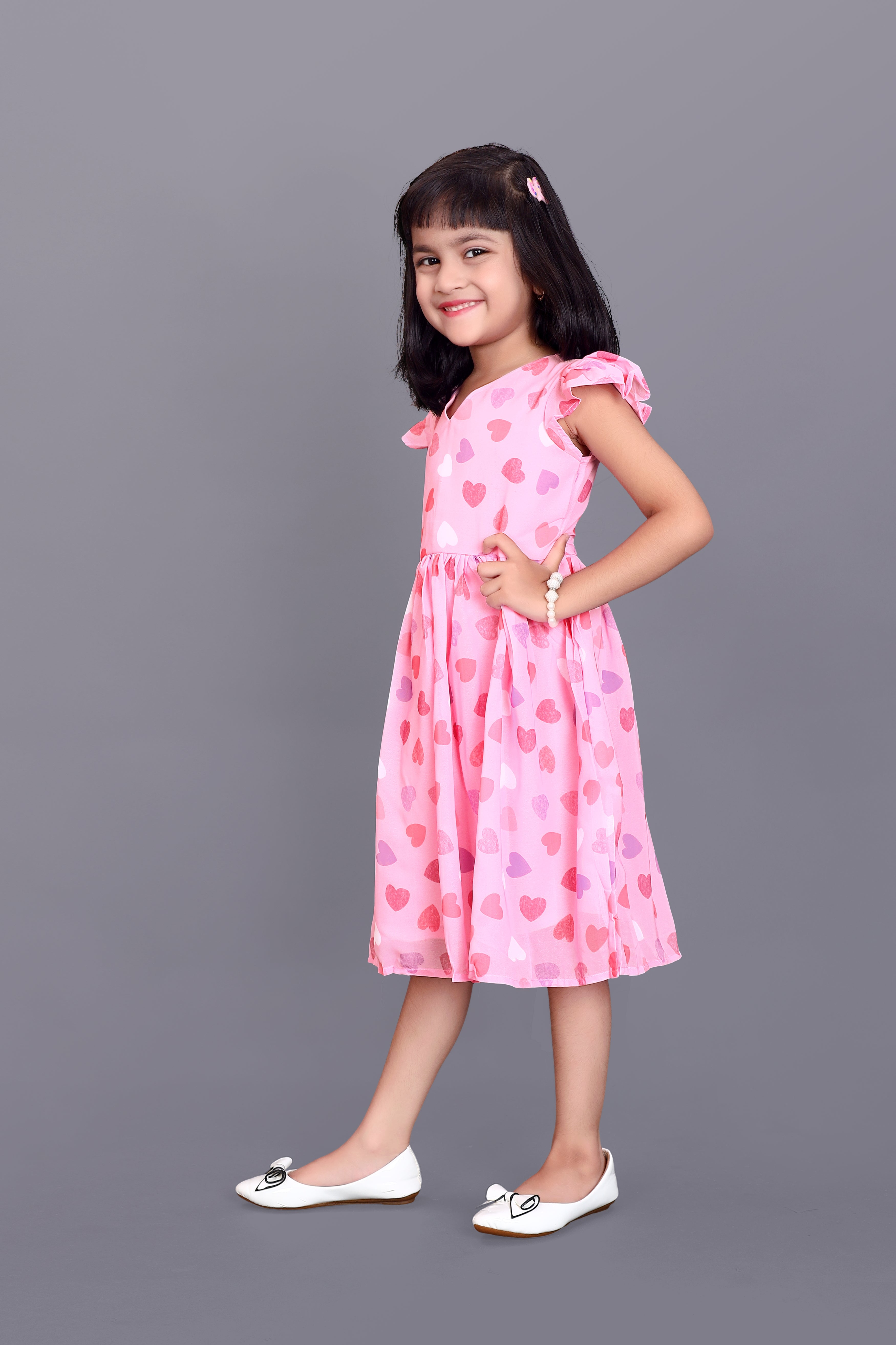 Kids Girls Knee Length Pink Heart Design Festive/Wedding Georgette Fit & Flare  Dress