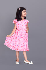 Kids Girls Knee Length Pink Heart Design Festive/Wedding Georgette Fit & Flare  Dress