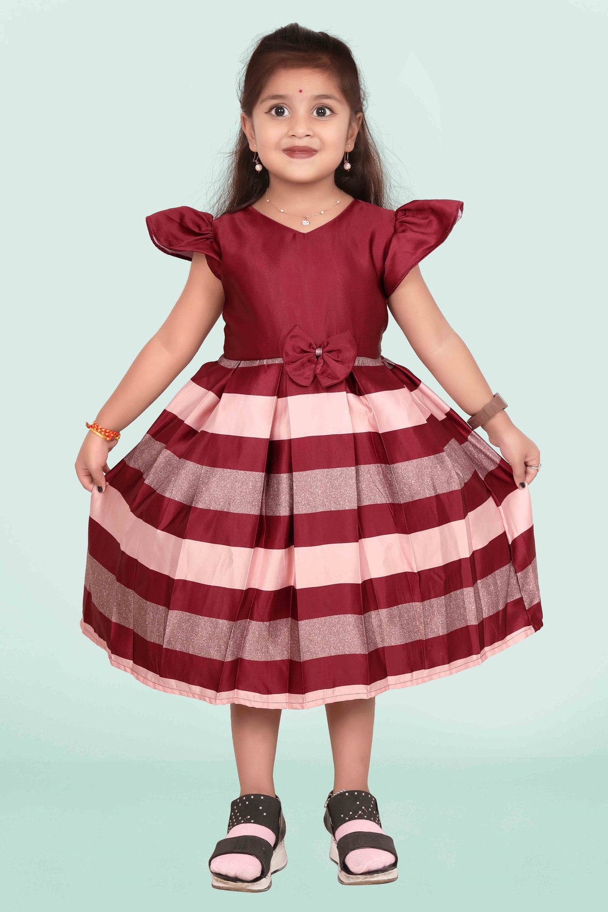 Kids Girls Knee Length Multicolour Design Festive/Wedding Fit & Flare Dress