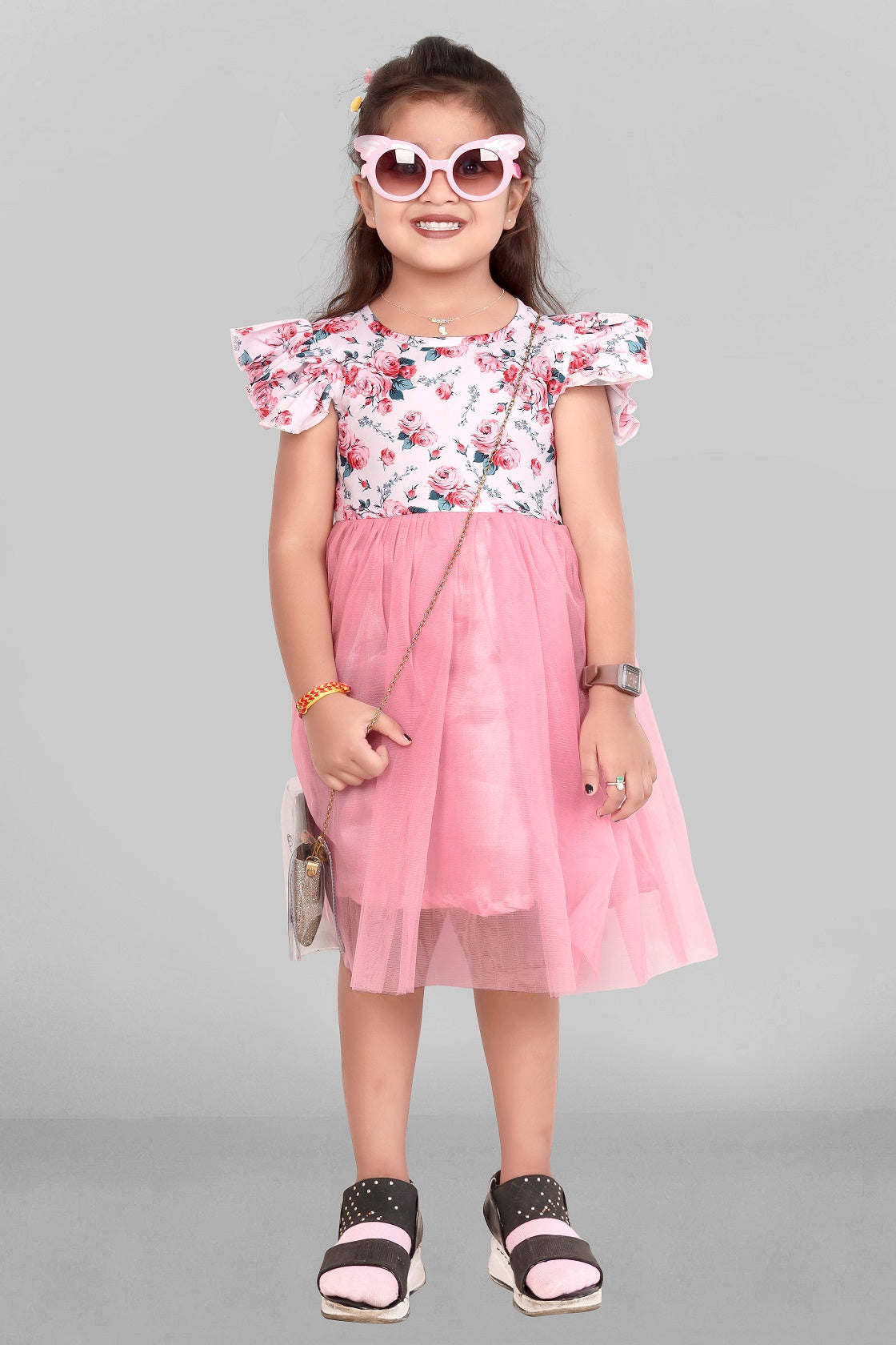 Kids Girls Knee Length Flower Multicolour Design Festive/Wedding Fit & Flare Dress