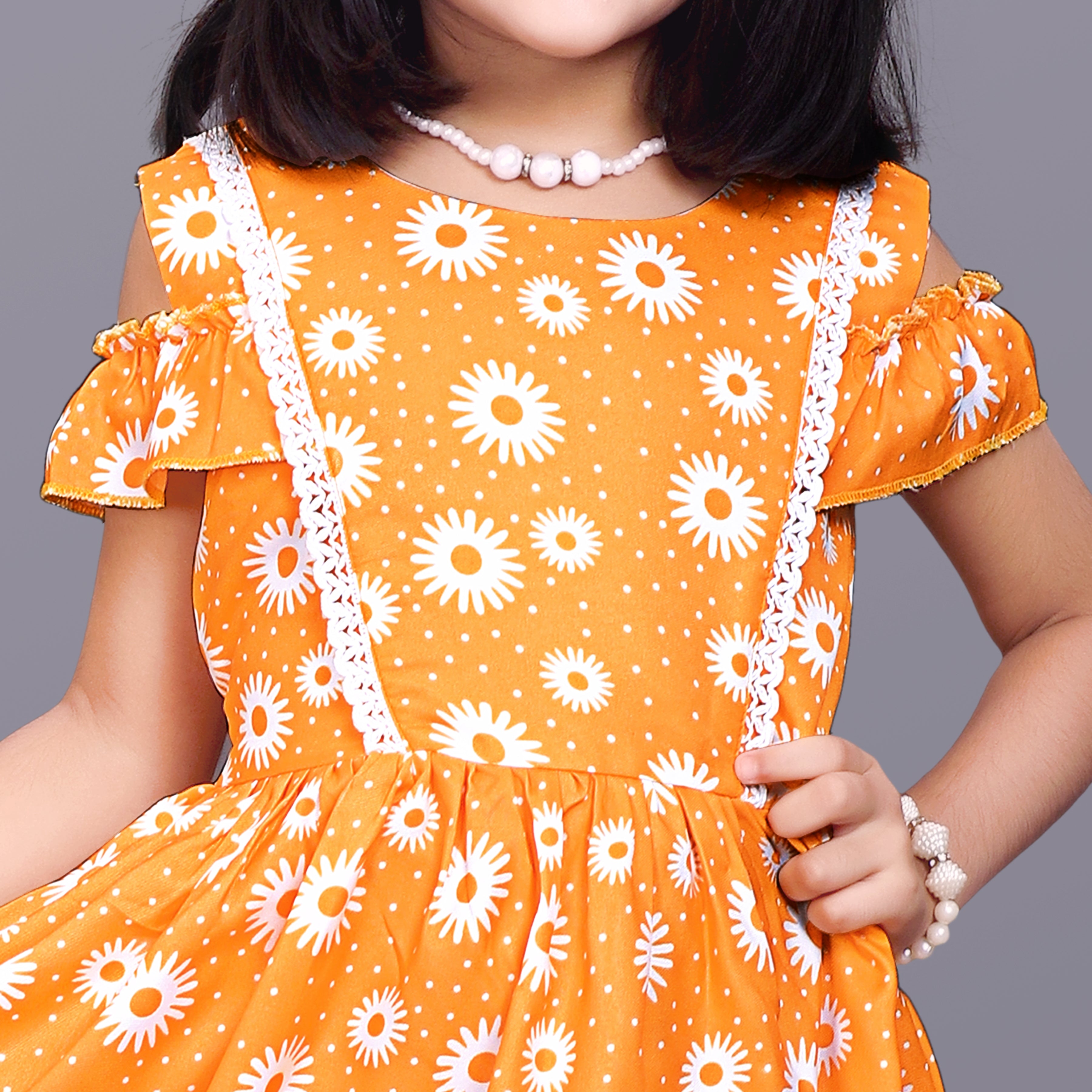 Kids Girls Knee Length Yellow Flower Design Festive/Wedding Fit & Flare  Dress