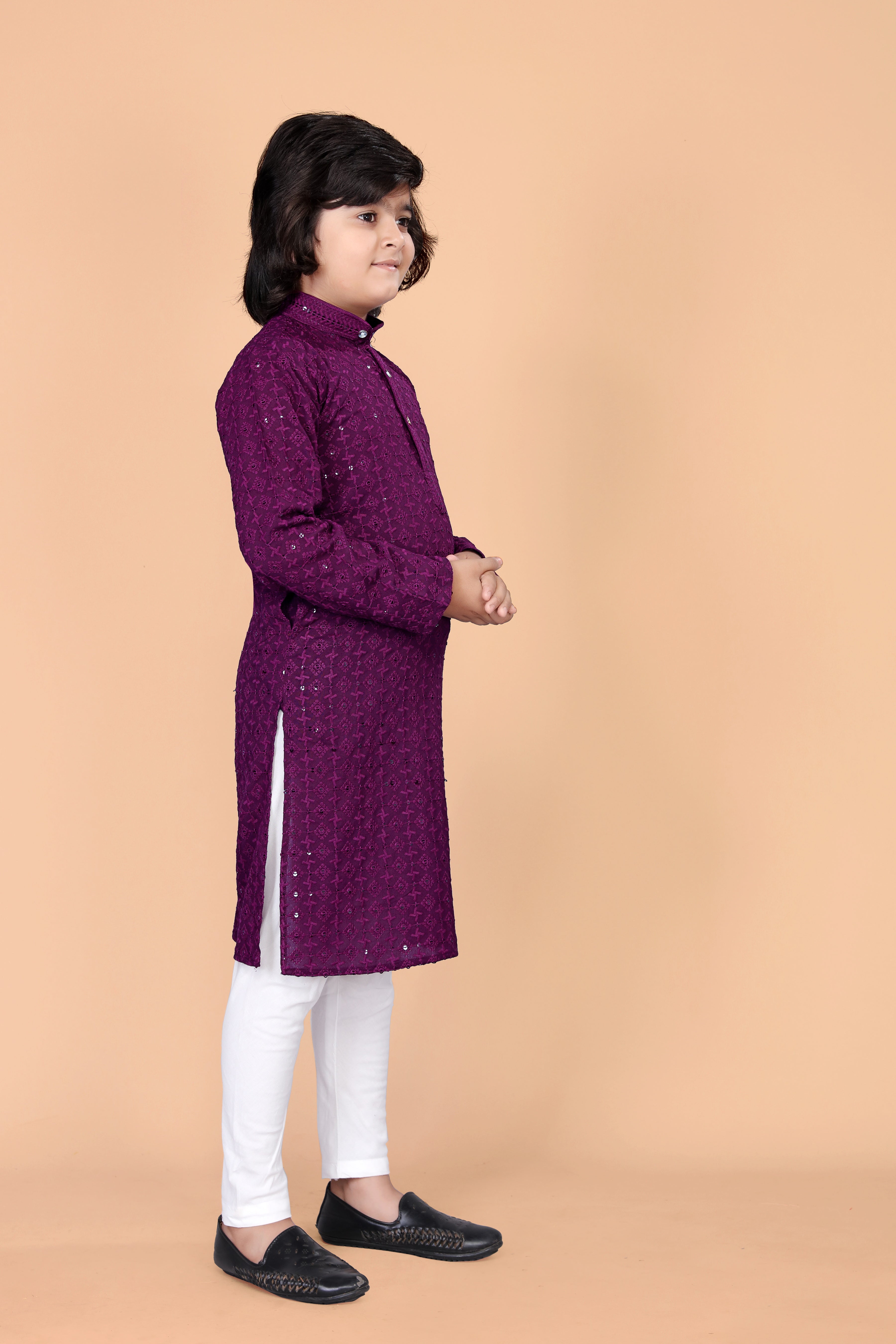 Boys  Lakhnavi Schiffli Work Design Wedding Kurta and Pyjama Set