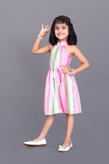 Kids Girls Knee Length Striped Multicolour Design Festive/Wedding Fit & Flare Dress