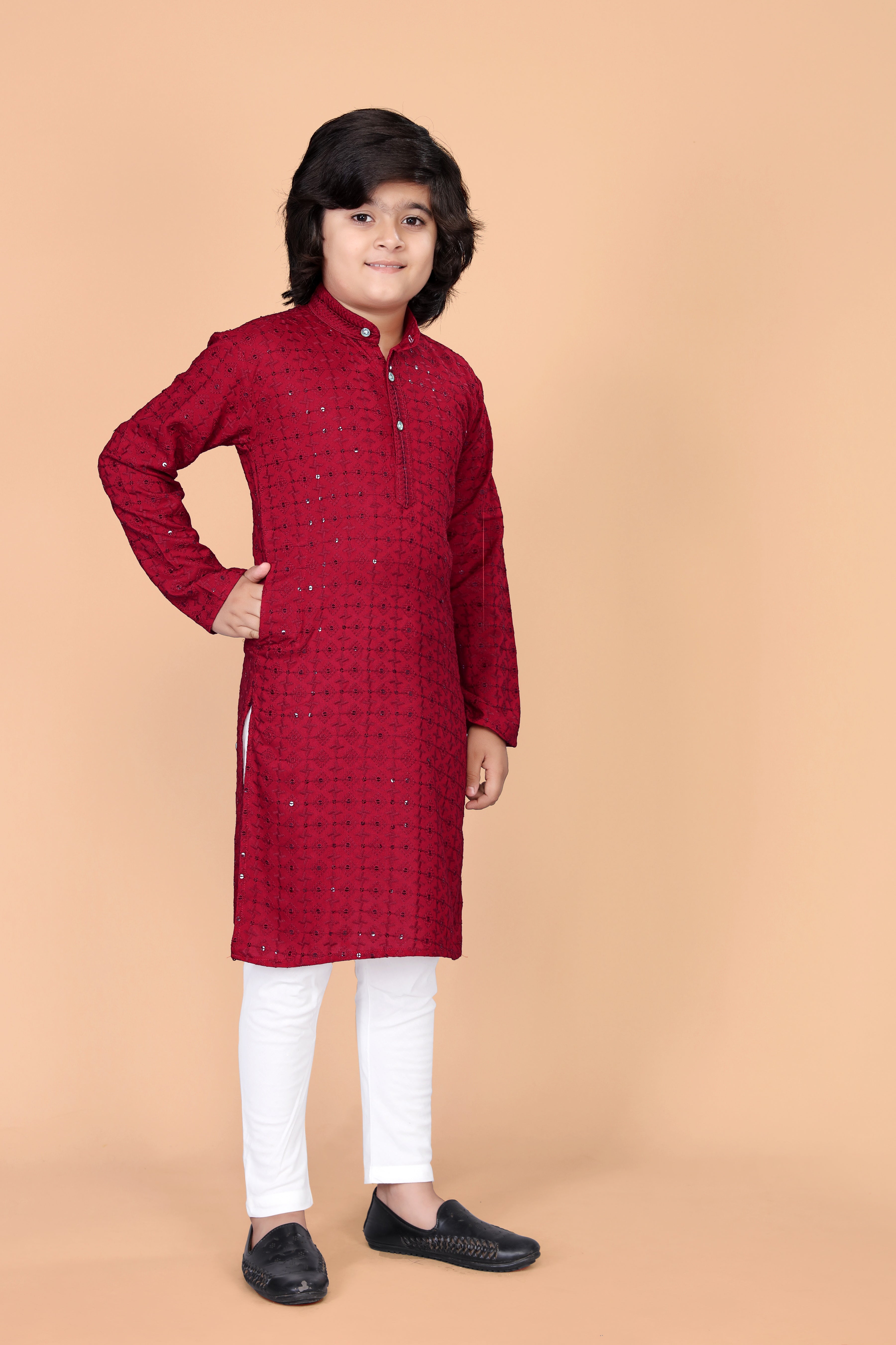 Boys  Lakhnavi Schiffli Work Design Wedding Kurta and Pyjama Set