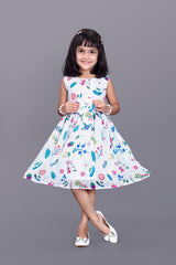 Kids Girls Knee Length White Flower Leaf Design Festive/Wedding Georgette Fit & Flare  Dress