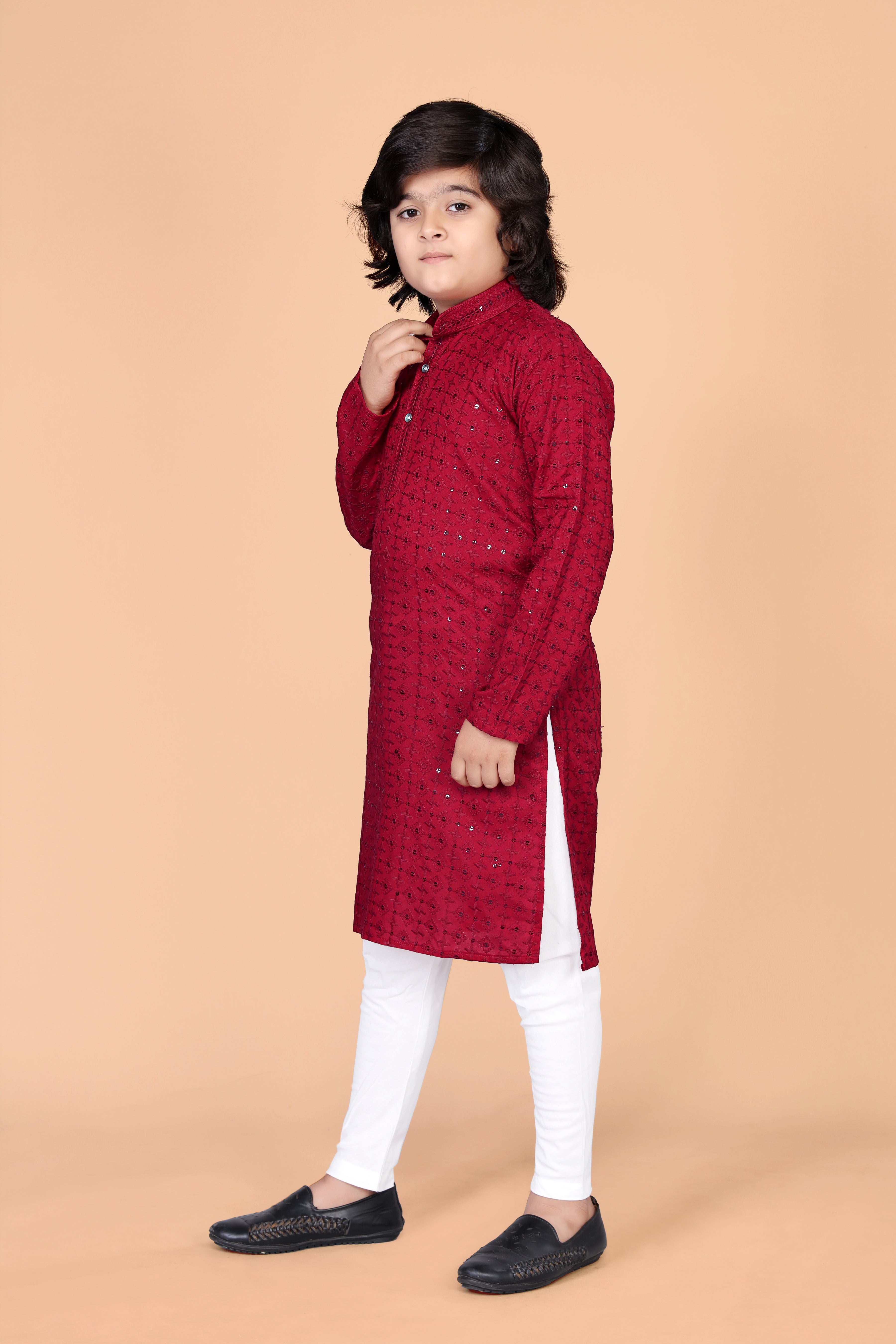 Boys  Lakhnavi Schiffli Work Design Wedding Kurta and Pyjama Set