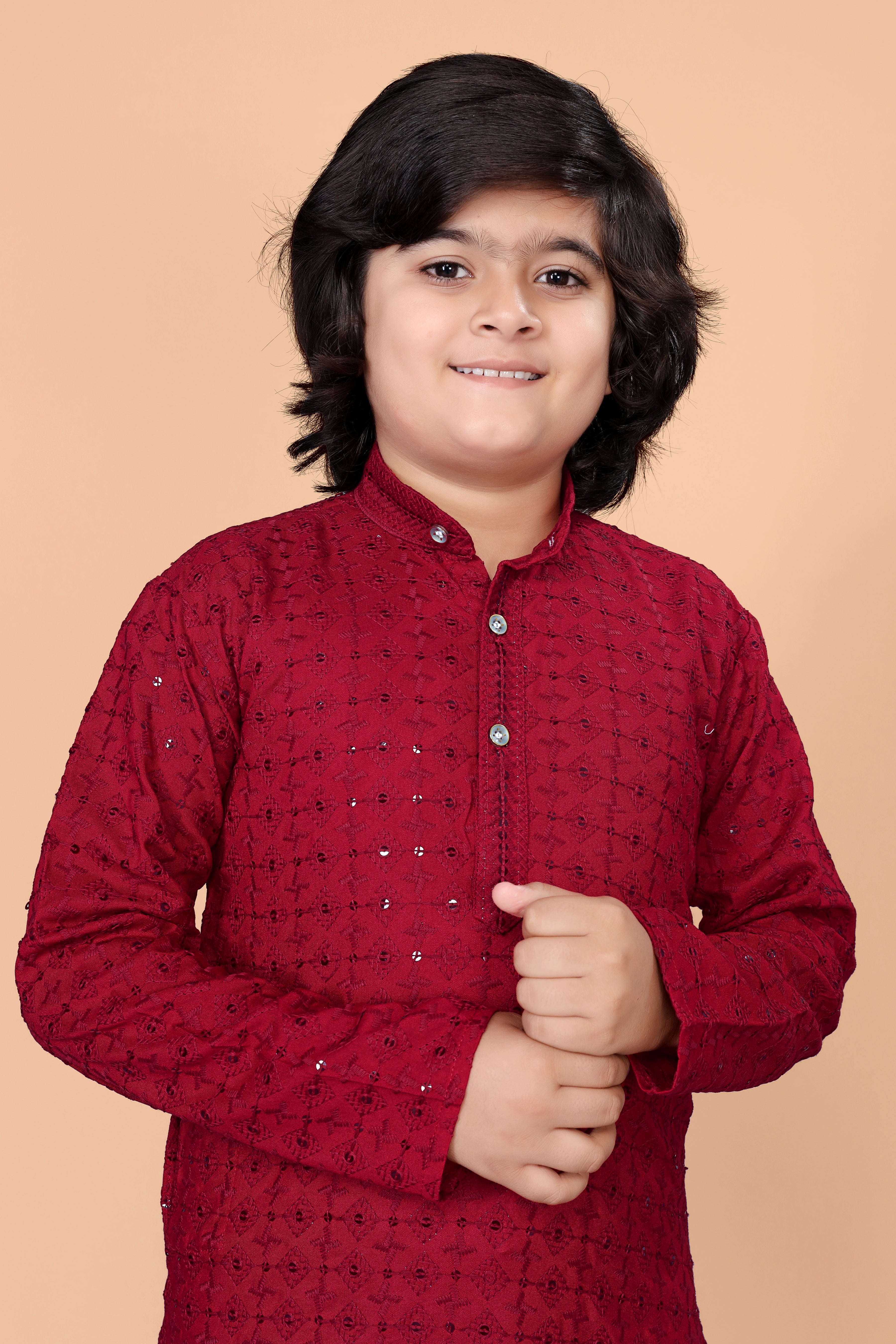 Boys  Lakhnavi Schiffli Work Design Wedding Kurta and Pyjama Set