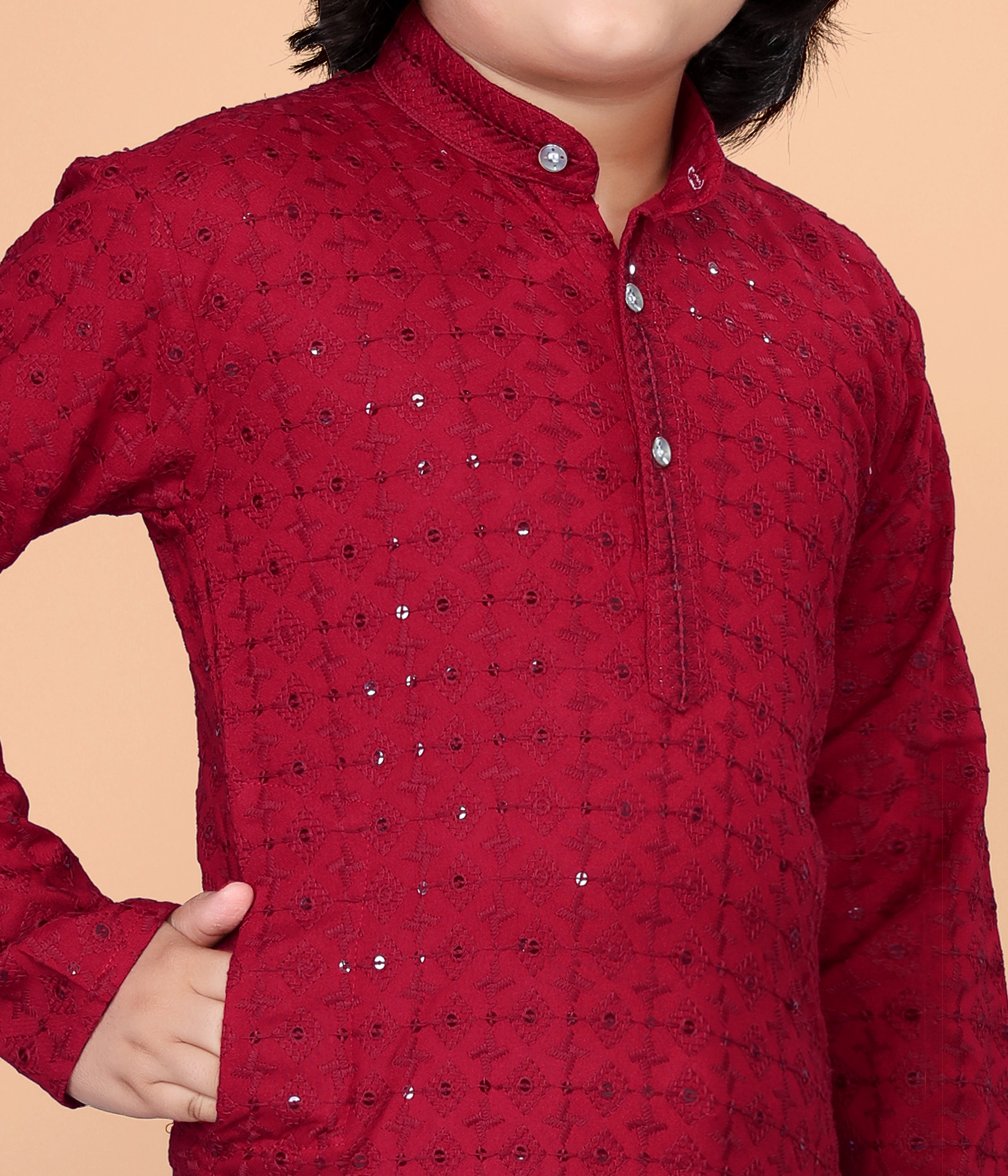 Boys  Lakhnavi Schiffli Work Design Wedding Kurta and Pyjama Set