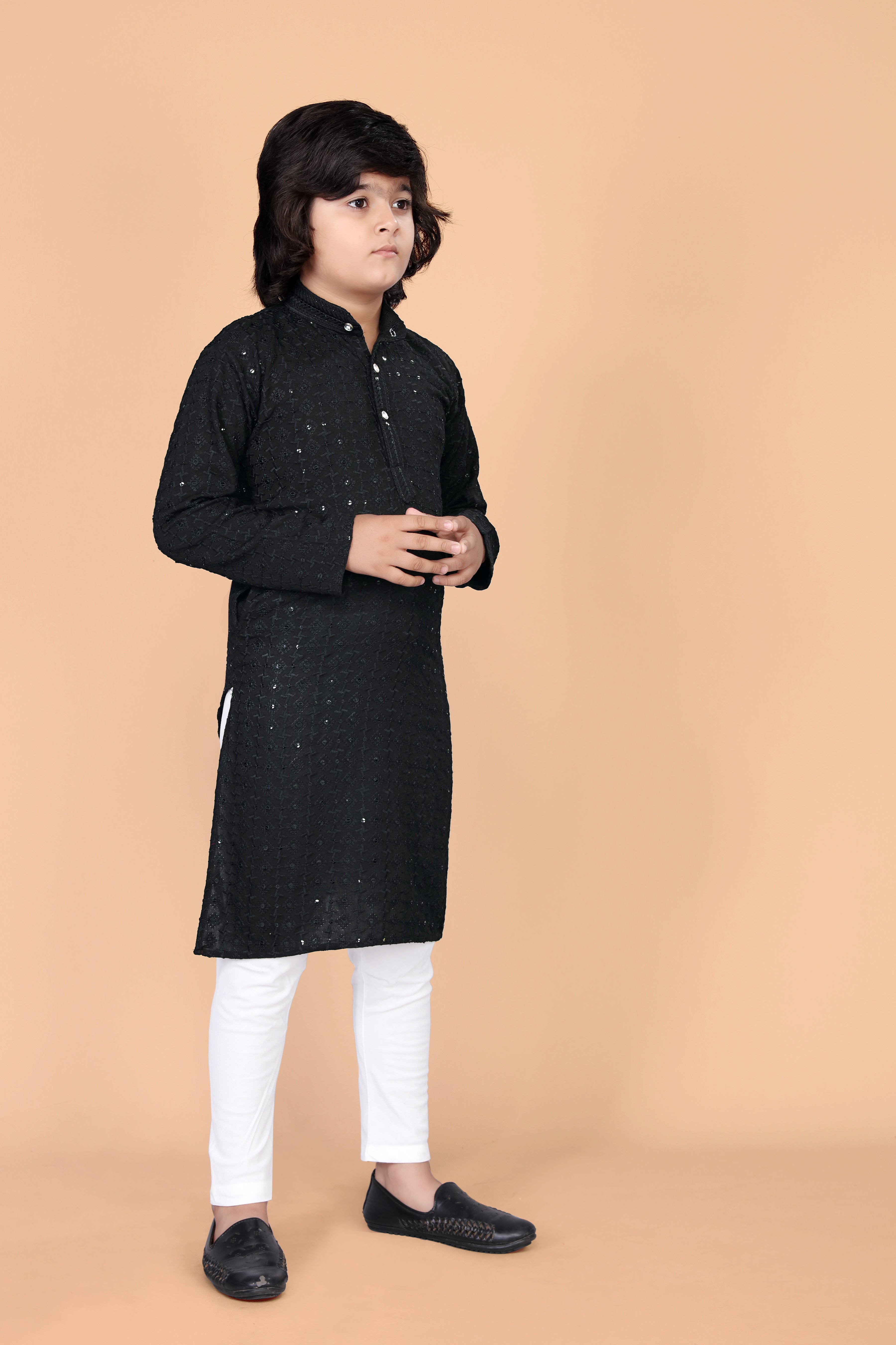 Boys  Lakhnavi Schiffli Work Design Wedding Kurta and Pyjama Set