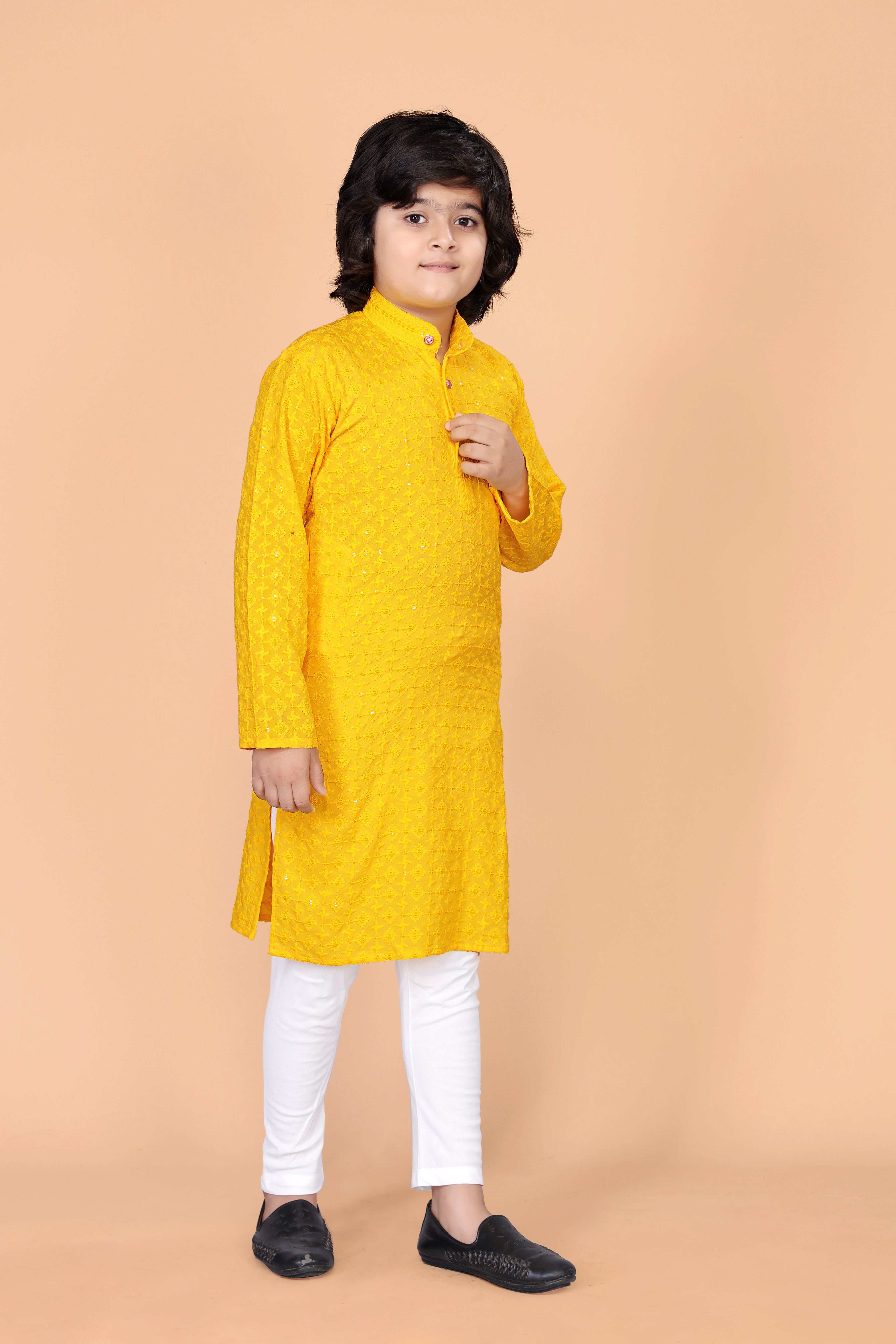 Boys  Lakhnavi Schiffli Work Design Wedding Kurta and Pyjama Set