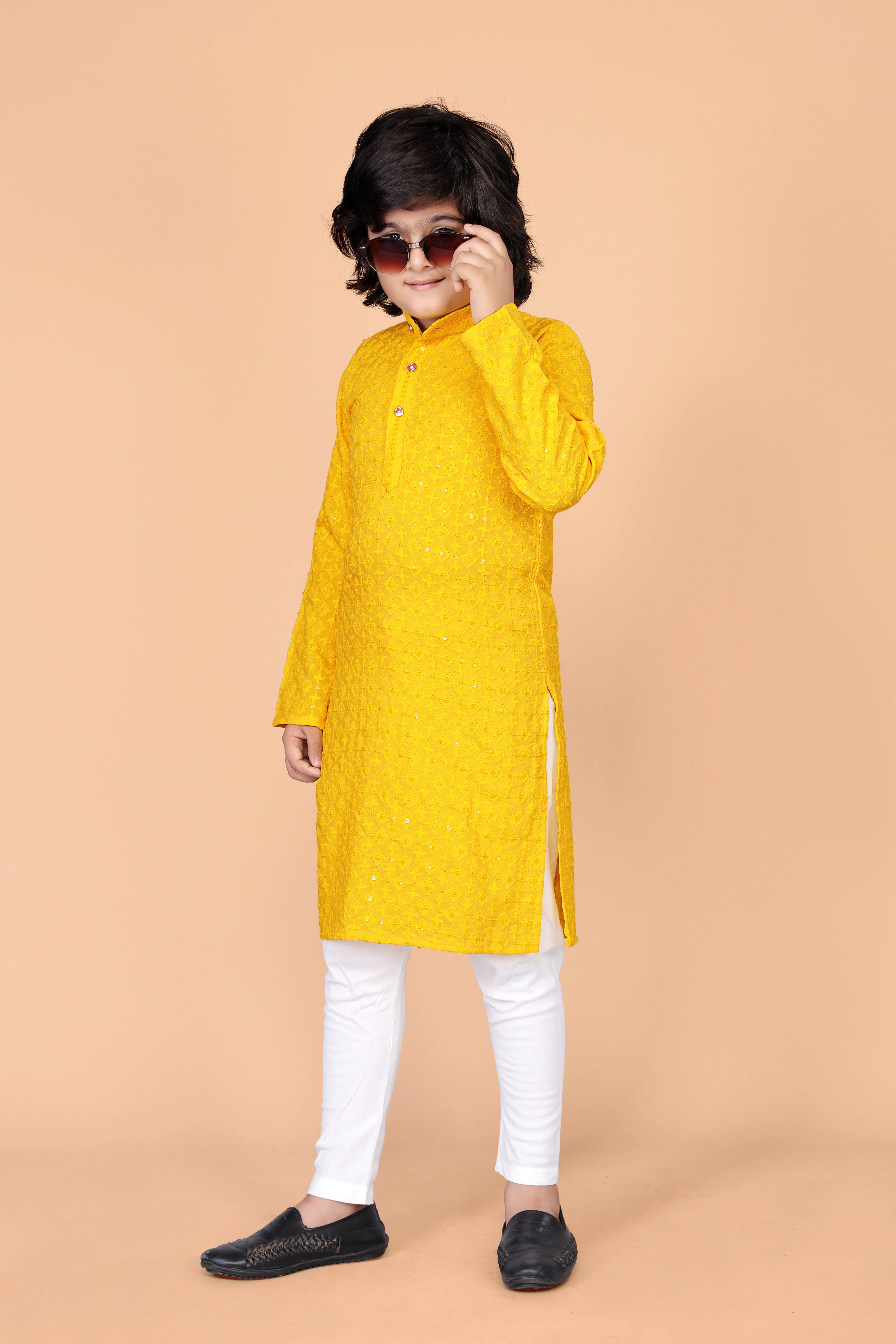 Boys  Lakhnavi Schiffli Work Design Wedding Kurta and Pyjama Set