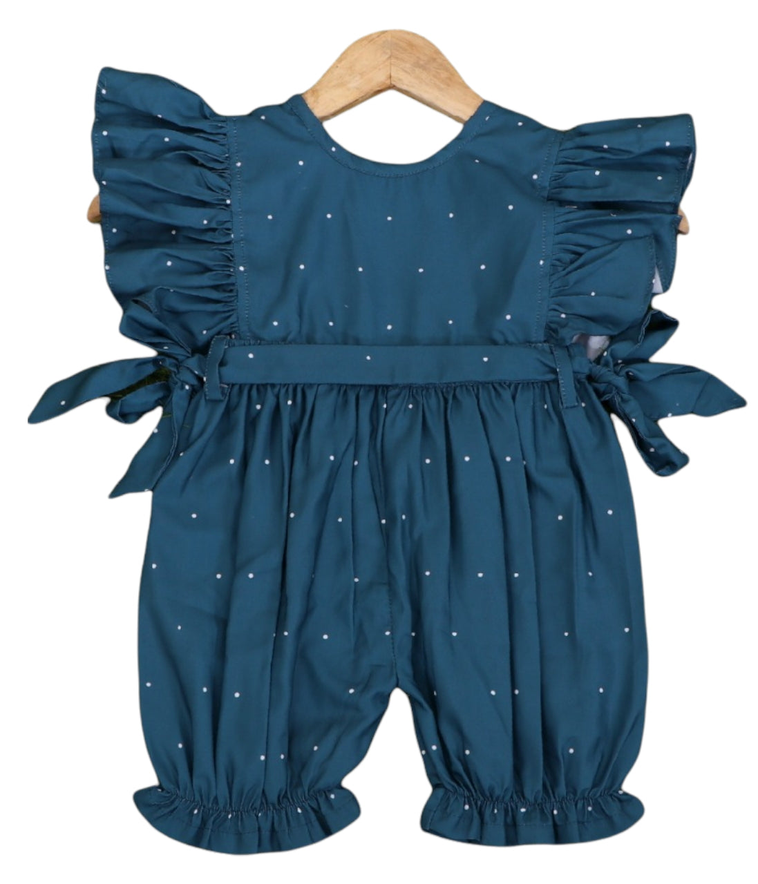 Girls Teal Color All Over Polka Dot Printed Jumpsuit