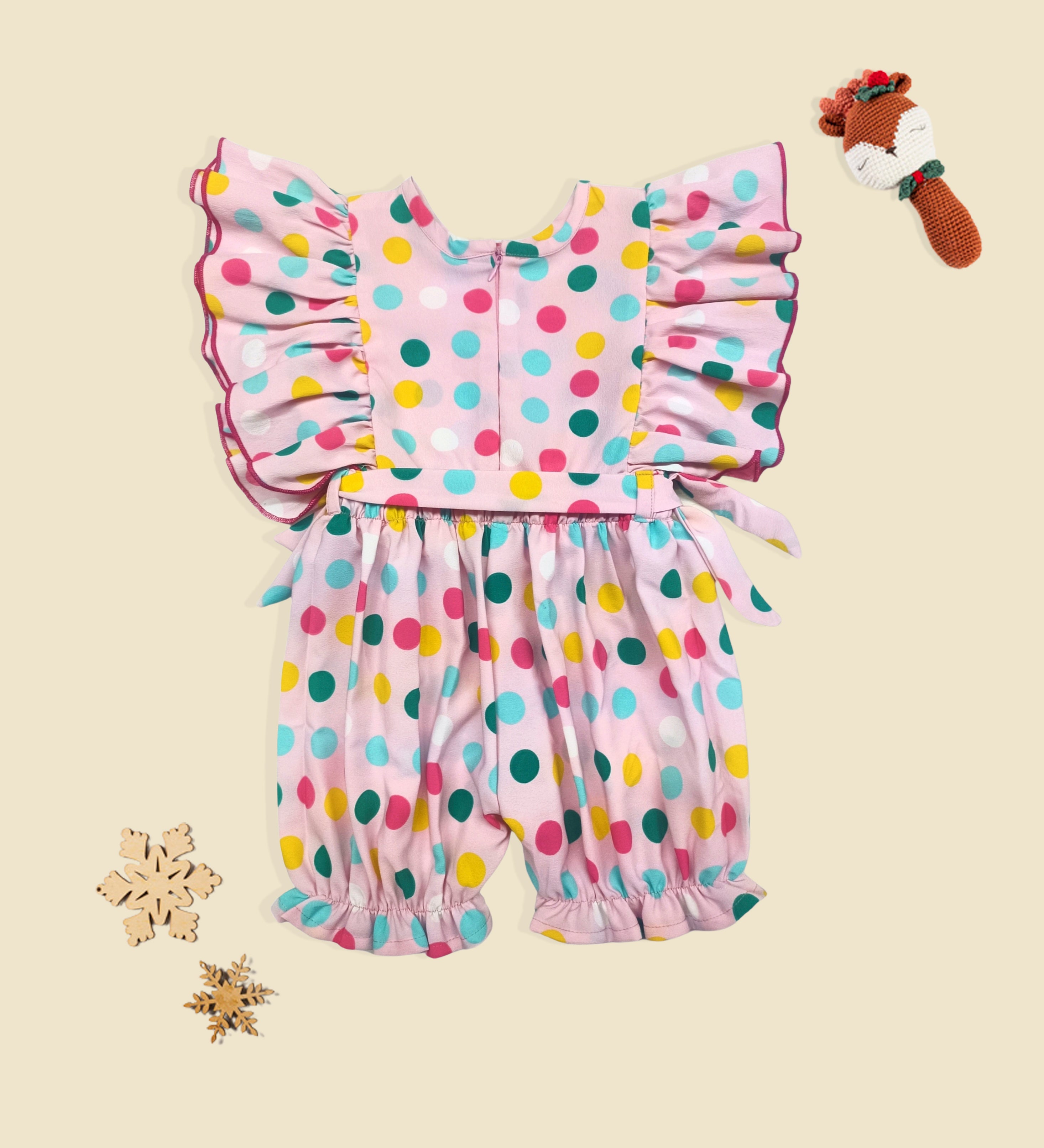 Girls Pink Color All Over Polka Dot Printed Jumpsuit